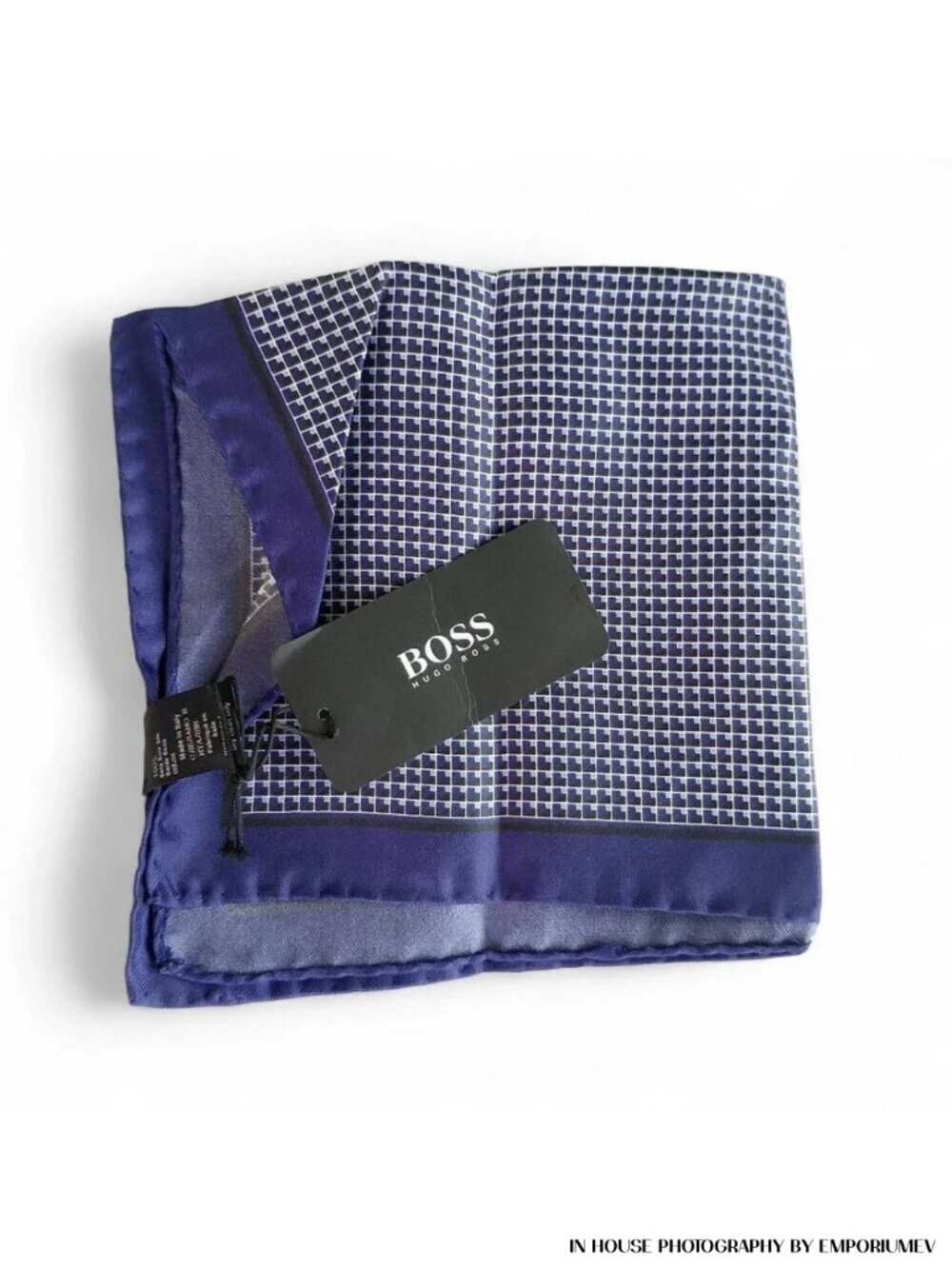 Hugo Boss Silk Square Scarf – Navy Micro-Grid Pattern – NWT (0008)
